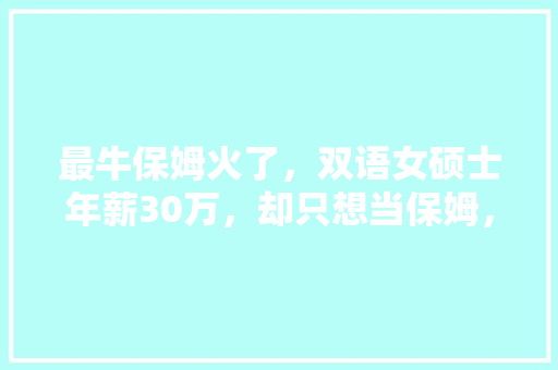 最牛保姆火了，双语女硕士年薪30万，却只想当保姆，怎么回事,肠粉店加盟排行榜前十名。 身体保健